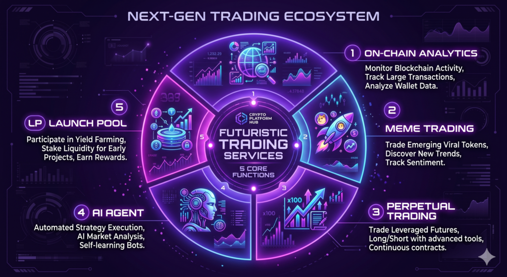 Five-segment circular infographic showing trading platform services: on-chain analytics, meme trading, perpetual trading, AI agent, LP launch pool — dark purple theme, glowing icons, futuristic UI style
