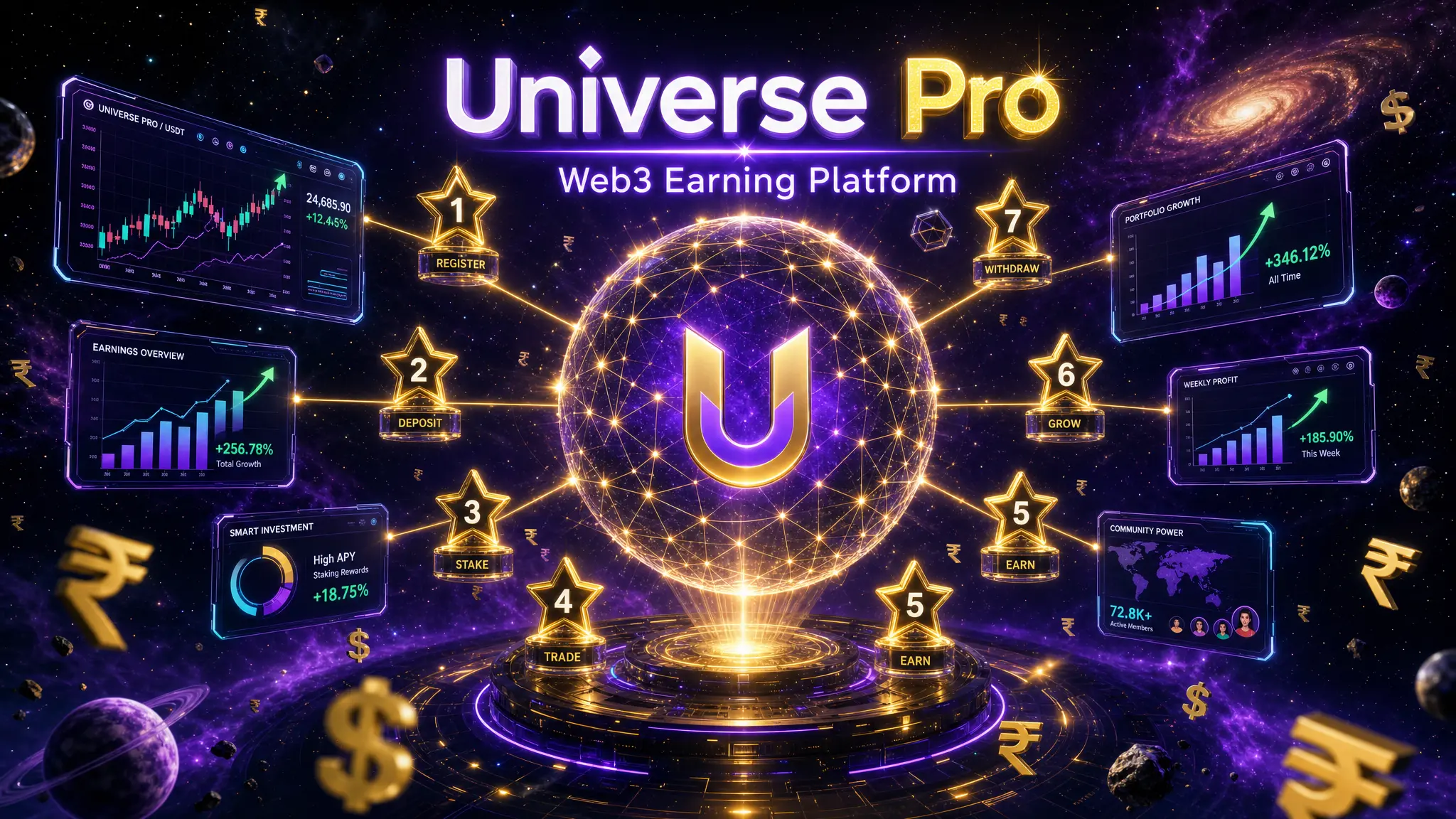 A cinematic wide-format digital artwork (16:9) for a Web3 finance blog. A dark deep-space background filled with glowing purple and gold nebula clouds. In the center, a large 3D glowing sphere made of interconnected blockchain nodes and golden circuit lines — representing the Universe Pro platform. From the sphere, multiple golden light rays shoot outward toward floating holographic UI elements: candlestick trading charts, rising bar graphs, star badges labeled 1 through 7, and green upward arrows showing growth. In the foreground, subtle Indian Rupee (₹) and Dollar ($) symbols float like particles in zero gravity. At the top center, bold neon text reads "Universe Pro" in white and gold with a soft purple glow behind it. Below it, smaller glowing text reads "Web3 Earning Platform". Overall mood: premium, futuristic, trustworthy, aspirational. Color palette: deep black (#0a0a0f), rich purple (#6c3fc5), electric gold (#f5c518), neon cyan (#00d4ff). Style: Cinematic 3D render, ultra HD, 8K quality, no text overlays except the logo area.